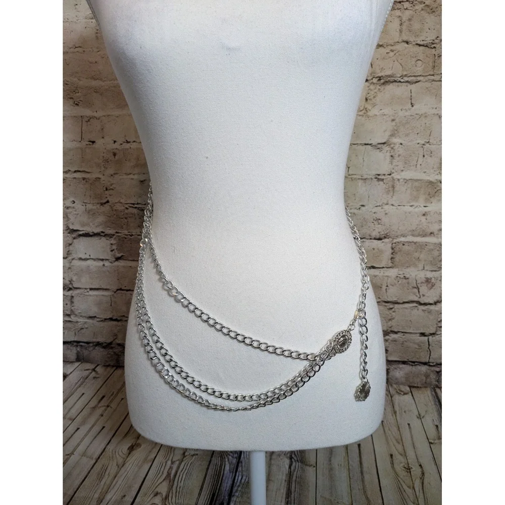 Silver Tone Chain Belt With Coin Accents Fully Adjustable Lightweight Aluminum